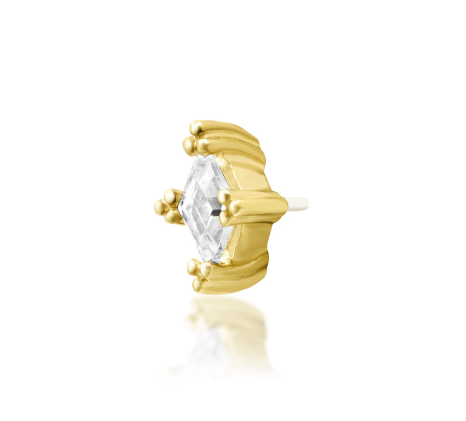 Off front angled view of the Junipurr Jewellery Jester in yellow gold highlighting the cubic zirconia and playful design.