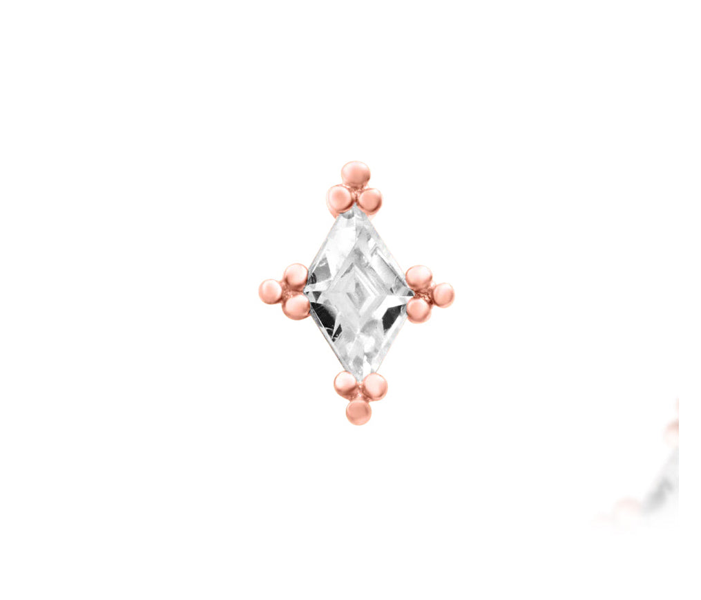 Front view of the Junipurr Jewellery Jester threadless end in 14k rose gold set with a cubic zirconia stone.
