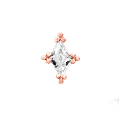 Front view of the Junipurr Jewellery Jester threadless end in 14k rose gold set with a cubic zirconia stone.
