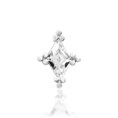 Front view of the Junipurr Jewellery Jester threadless end in 14k white gold featuring a cubic zirconia stone.
