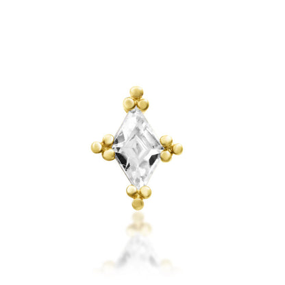 Front view of the Junipurr Jewellery Jester threadless end in 14k yellow gold set with a cubic zirconia stone.