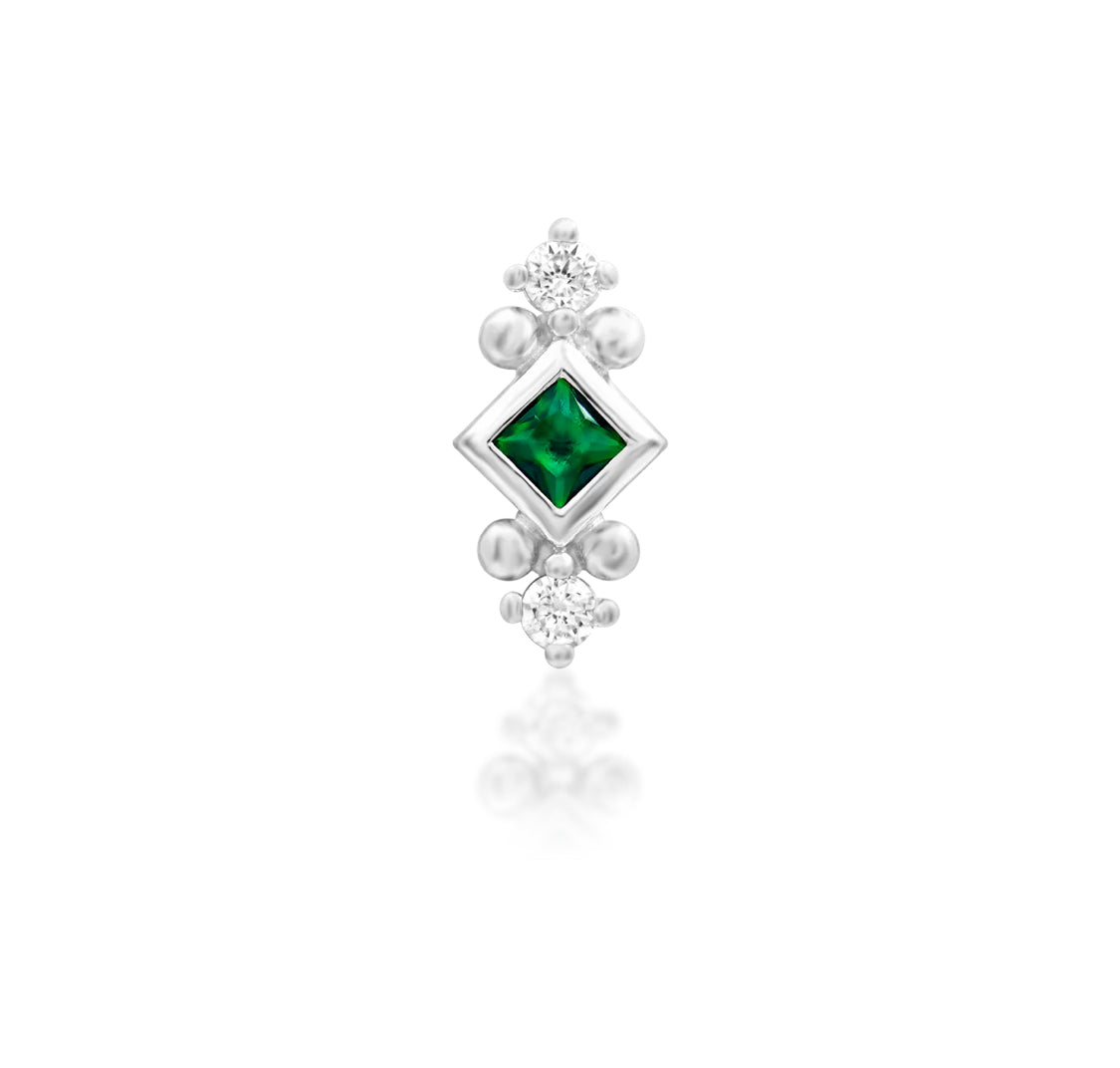 Front view of Junipurr Jewellery Kadir threadless decorative end in white gold featuring emerald green CZ gemstones

