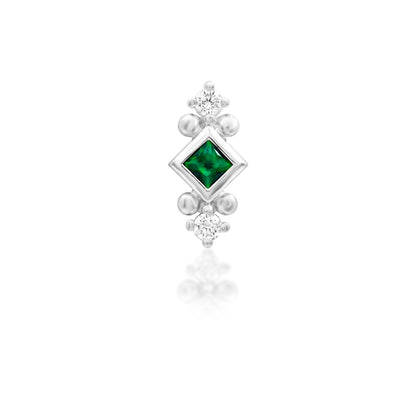 Front view of Junipurr Jewellery Kadir threadless decorative end in white gold featuring emerald green CZ gemstones
