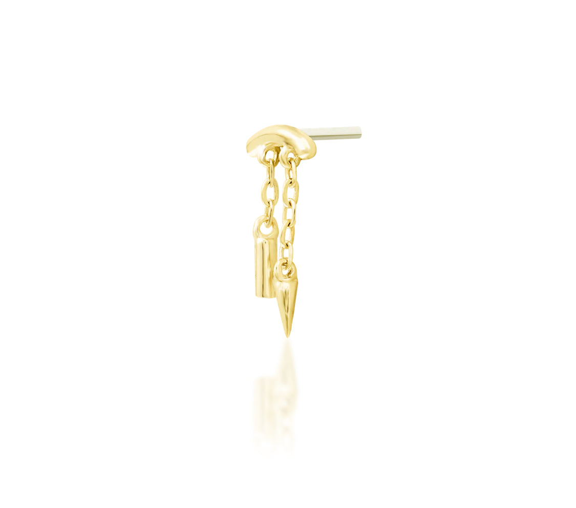 Off front angled view of Junipurr Jewellery Kian threadless end showing modern shape and refined gold finish
