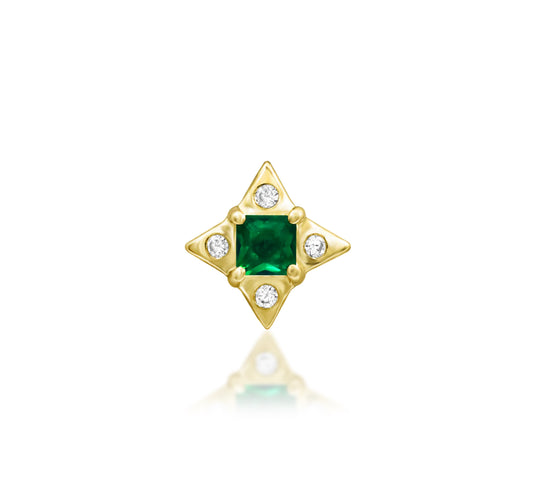 Front view of Junipurr Jewellery Kingsley emerald green CZ threadless decorative end in 14k yellow gold suitable for helix conch and lobe piercings
