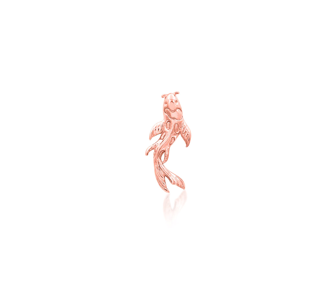 Front view of the Junipurr Jewellery Koi threadless end in 14k rose gold, offering warm tones and sculptural detail.
