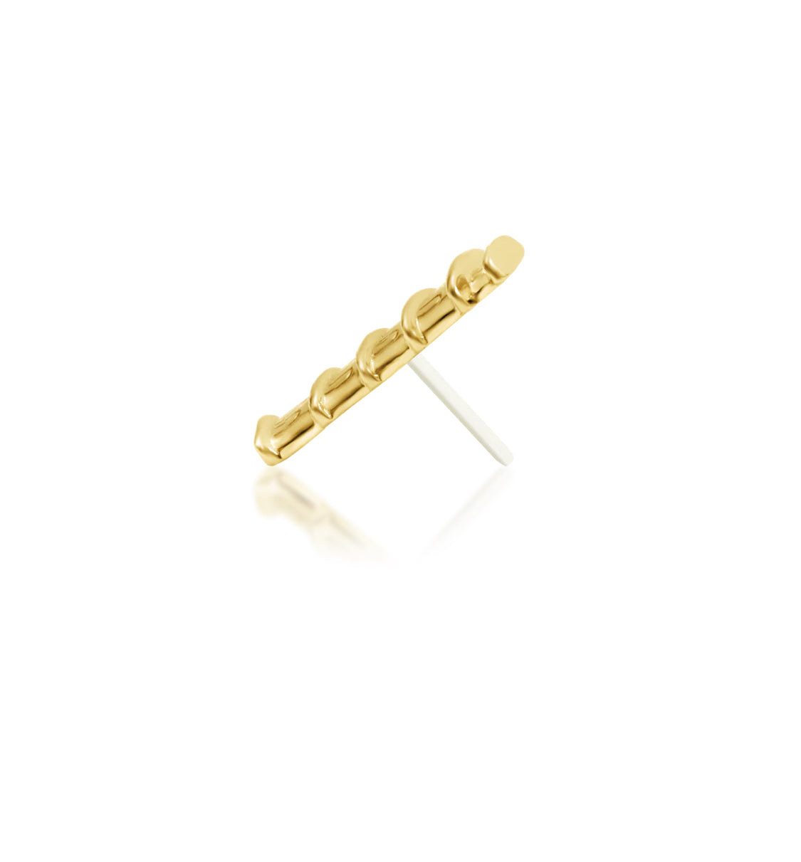 Full side profile of the Junipurr Jewellery Lean On Me in 14k yellow gold, designed for comfortable wear in helix and lobe piercings.