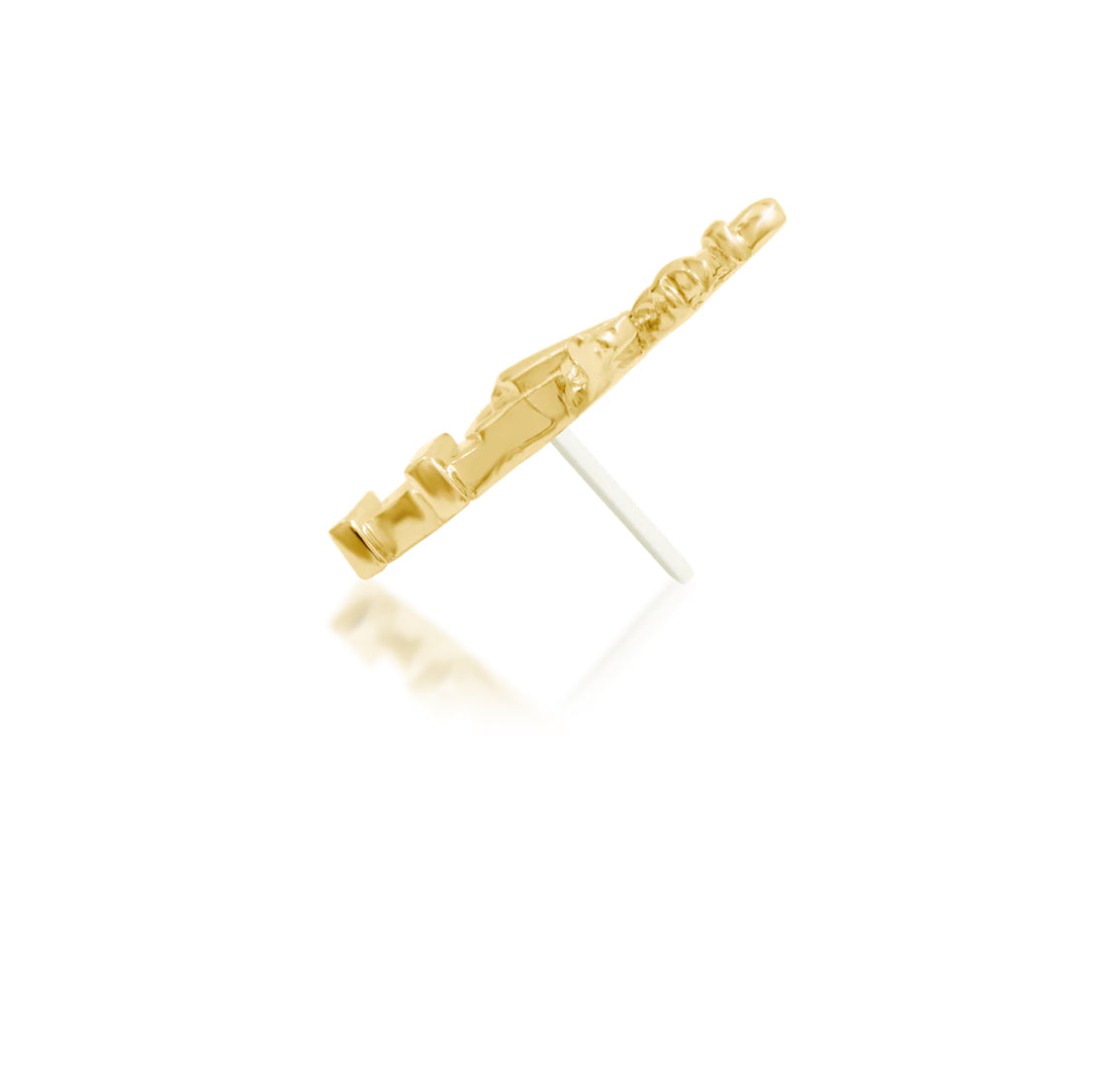 Side profile of the Junipurr Jewellery Liberty in yellow gold, highlighting its low-profile threadless design suitable for cartilage piercings.