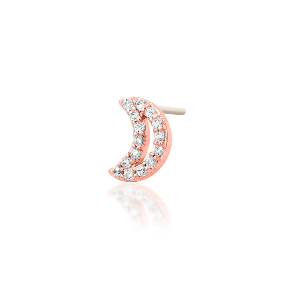 off front angled view of junipurr jewellery lunar rose gold moon shaped jewellery