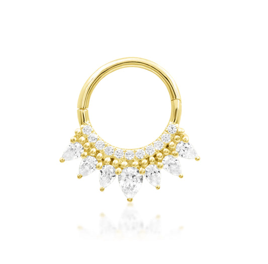 Front view of the Junipurr Jewellery Magnifique 14k yellow gold clicker ring set with cubic zirconia stones.
