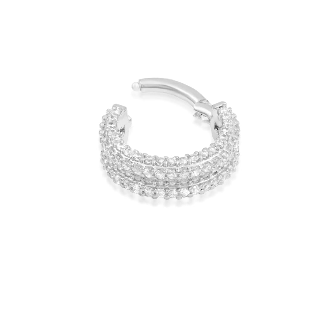 Angled view of Junipurr Jewellery Mie Mie white gold clicker ring designed for daith or septum piercings