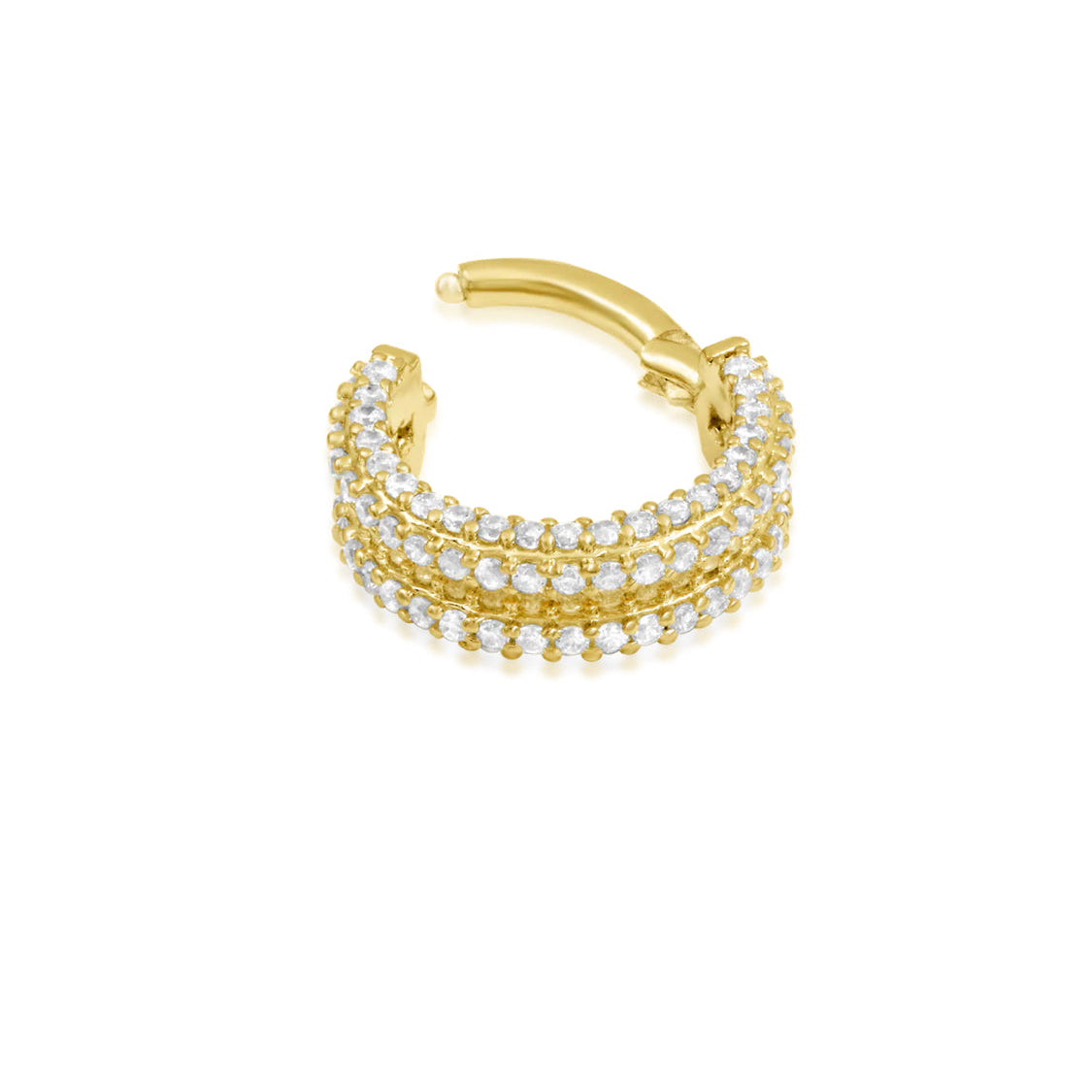 Angled perspective of Junipurr Jewellery Mie Mie pavé cubic zirconia clicker ring showing hinged closure design