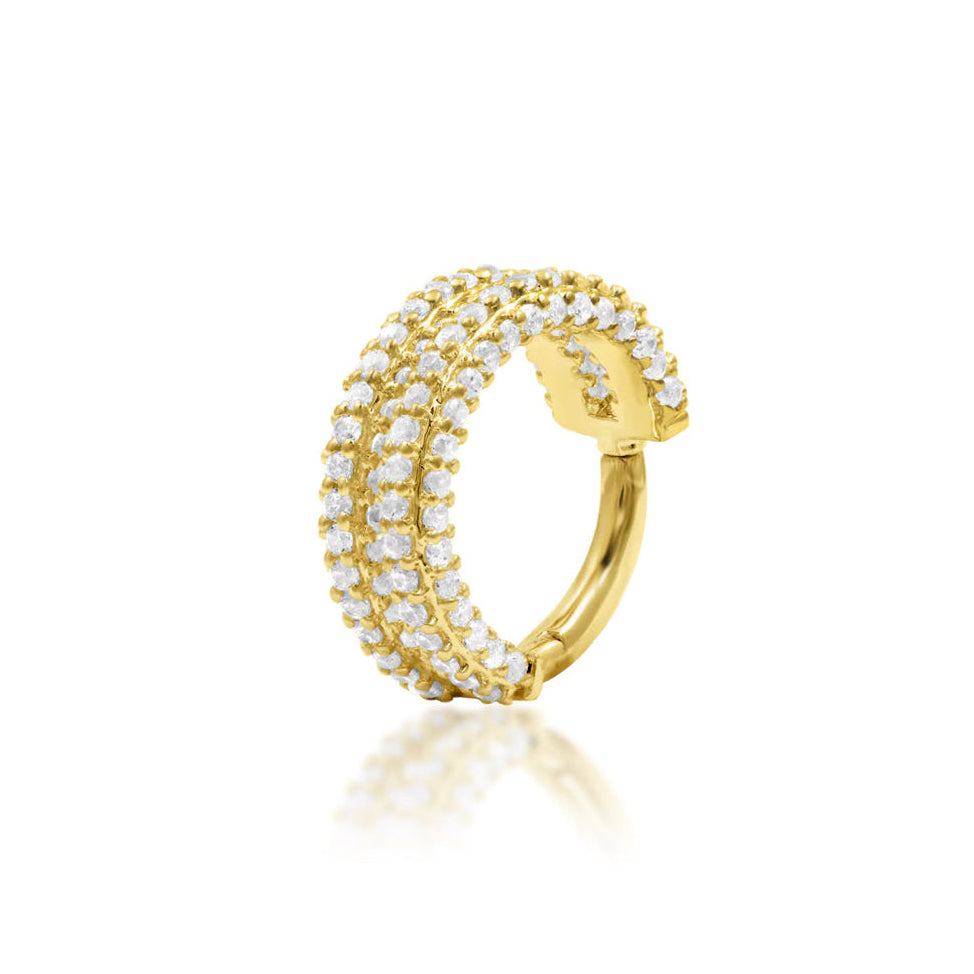 Front view of Junipurr Jewellery Mie Mie clicker ring in 14k yellow gold with pavé white cubic zirconia stones for daith or septum styling