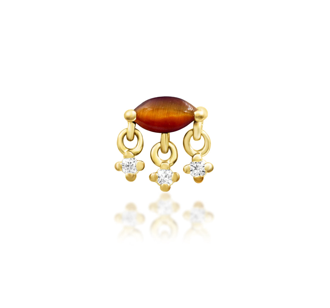 Front view of Junipurr Jewellery Mona threadless decorative end in 14k yellow gold with natural tiger eye and cubic zirconia