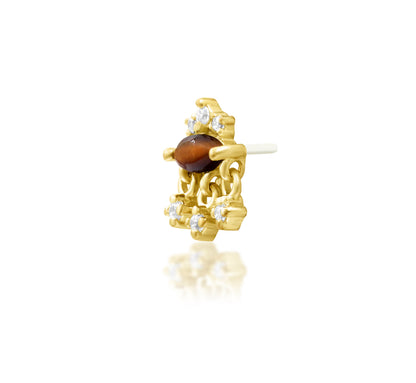 Angled view of Junipurr Jewellery Munna tiger eye and cubic zirconia threadless decorative end in yellow gold