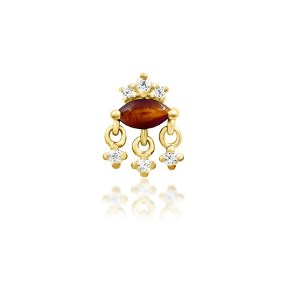 Front view of Junipurr Jewellery Munna threadless decorative end in 14k yellow gold with natural tiger eye and cubic zirconia