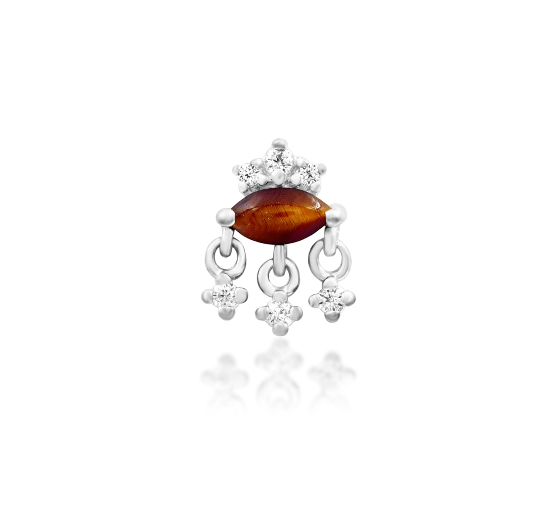 Side profile of Junipurr Jewellery Munna tiger eye and cubic zirconia threadless decorative end in yellow gold