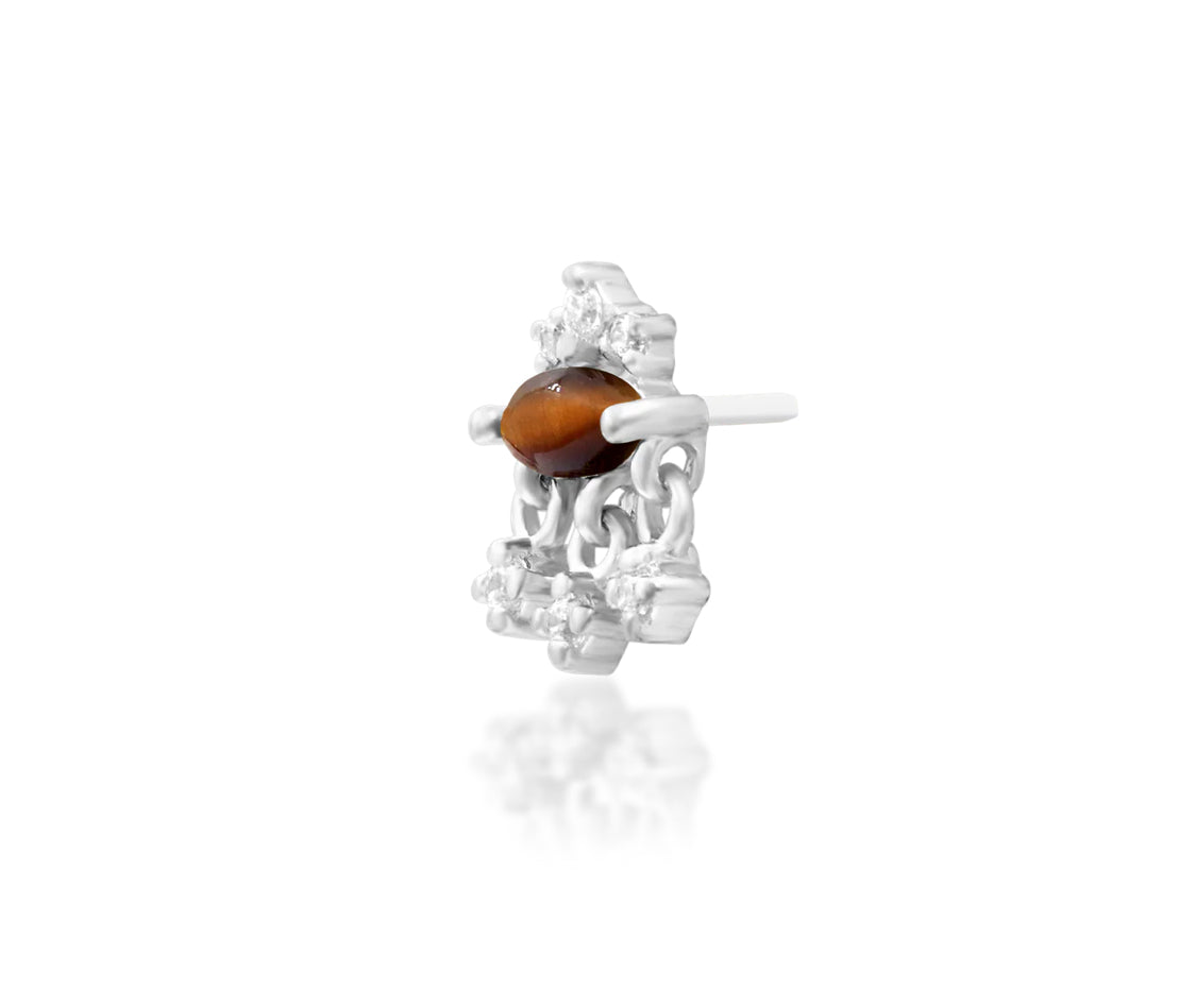 Front view of Junipurr Jewellery Munna threadless decorative end in 14k white gold with natural tiger eye and cubic zirconia