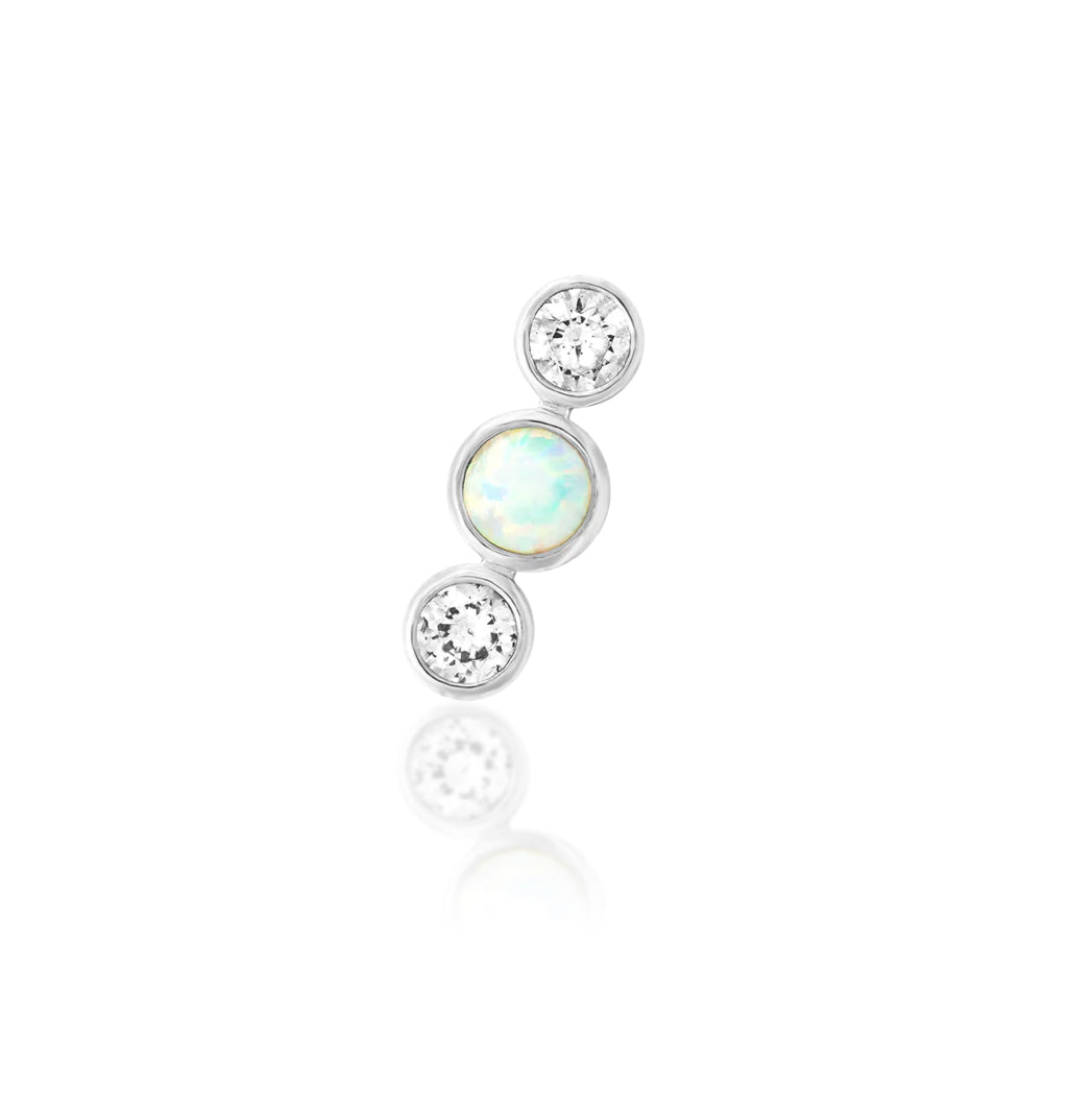 Front view of the Junipurr Jewellery Nani threadless end in 14k white gold featuring white cubic zirconia and faux opal.