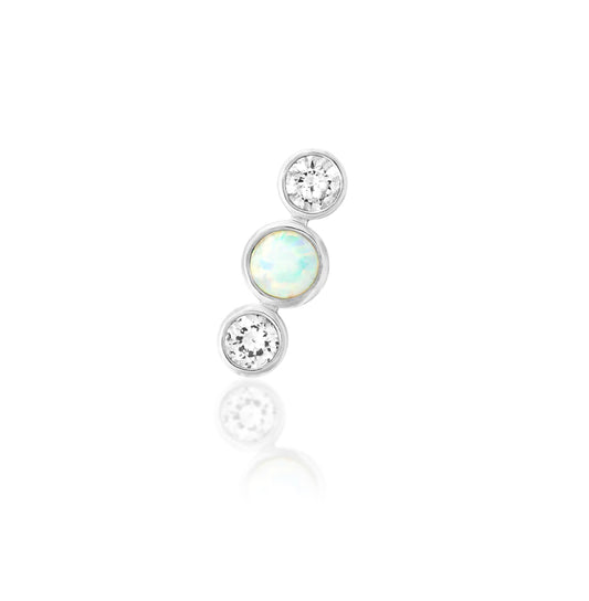 Front view of the Junipurr Jewellery Nani threadless end in 14k white gold featuring white cubic zirconia and faux opal.
