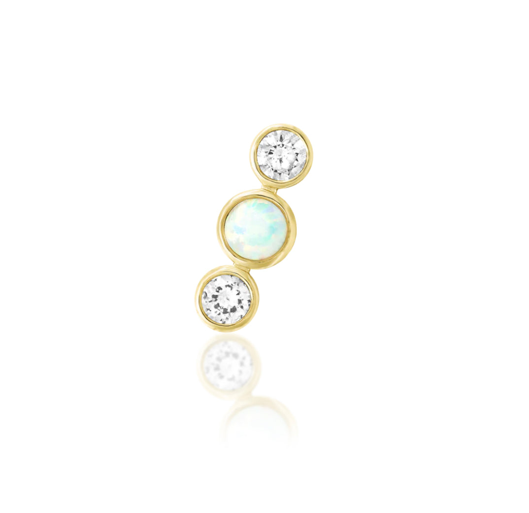 Front view of the Junipurr Jewellery Nani threadless end in 14k yellow gold set with white cubic zirconia and a white faux opal.