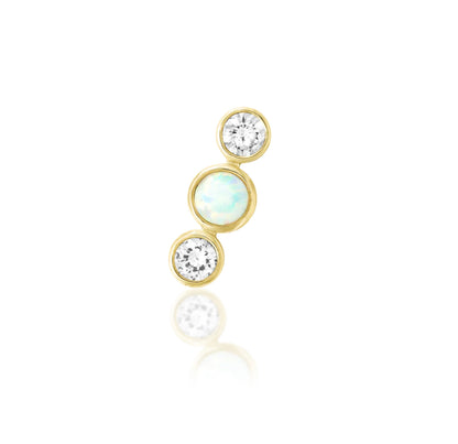 Front view of the Junipurr Jewellery Nani threadless end in 14k yellow gold set with white cubic zirconia and a white faux opal.