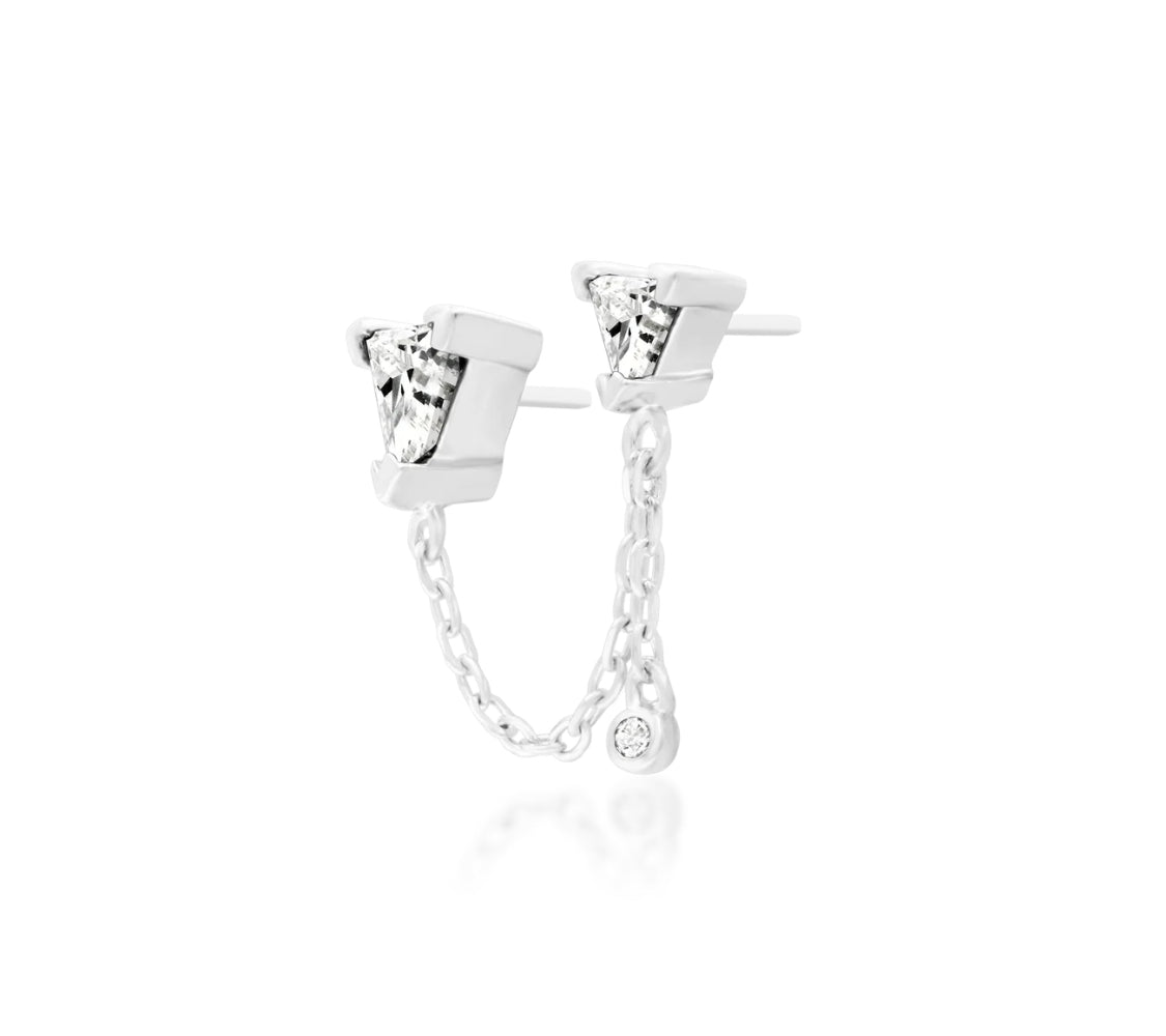 Off front angled view of the Junipurr Jewellery Nessa in white gold showing geometric CZ detailing and refined movement.