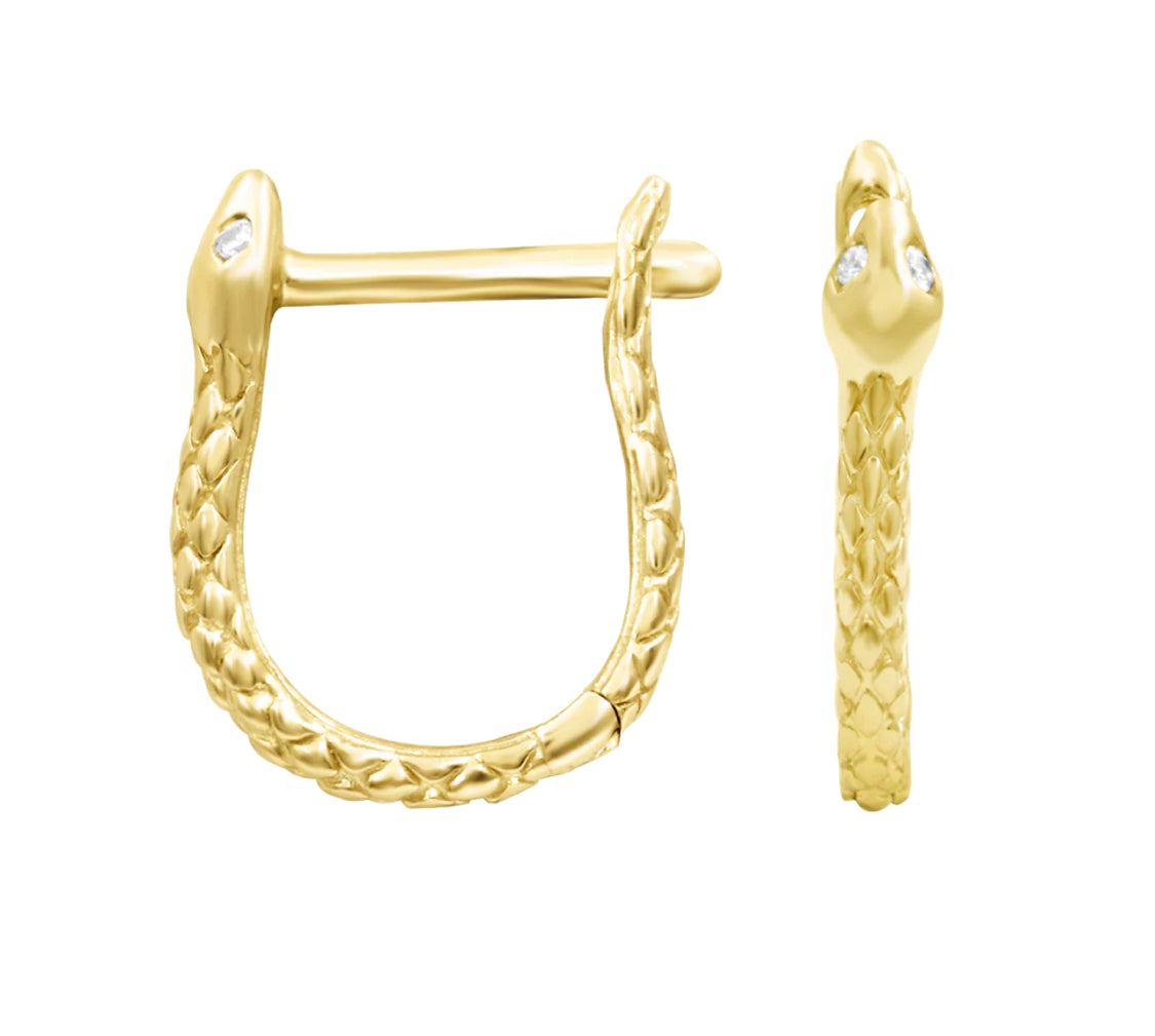 Off front angled view of the Junipurr Jewellery Ophis serpent clicker in yellow gold showing textured detailing and CZ eyes.