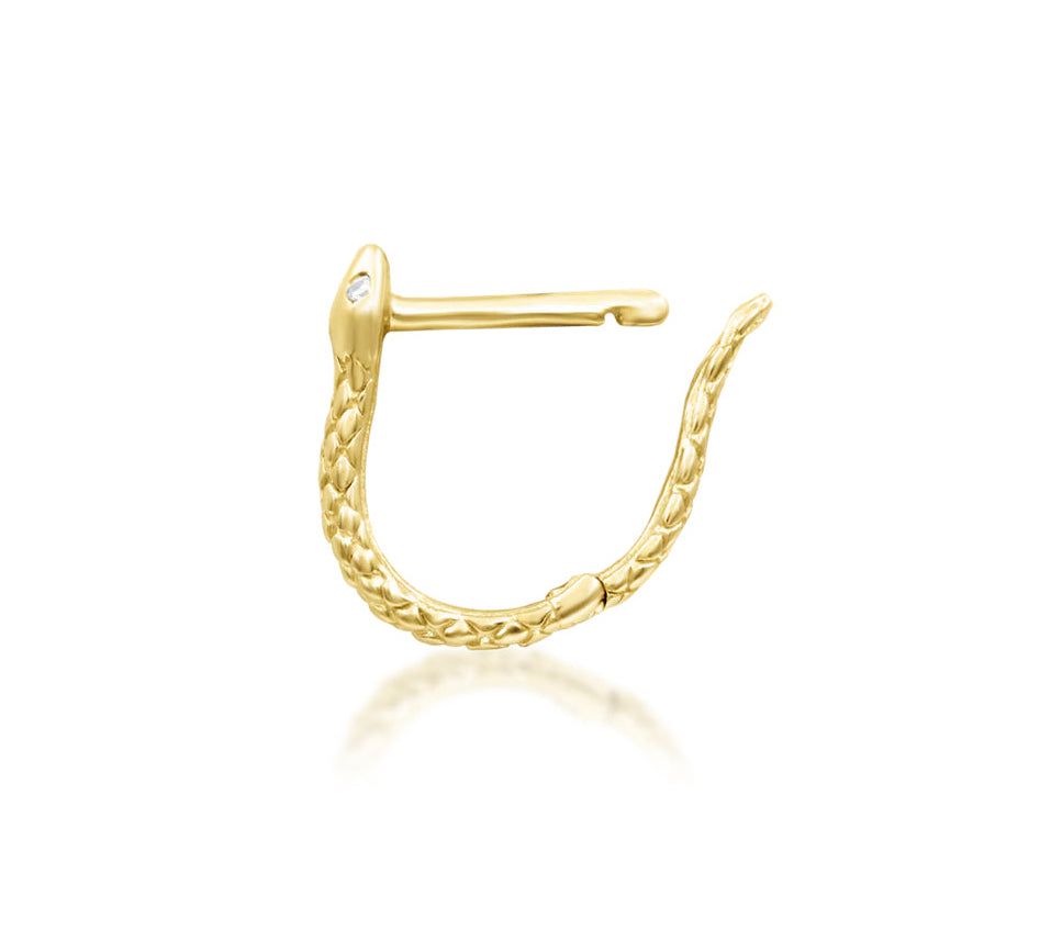 Front view of the Junipurr Jewellery Ophis serpent clicker ring in 14k white gold with white cubic zirconia eyes.