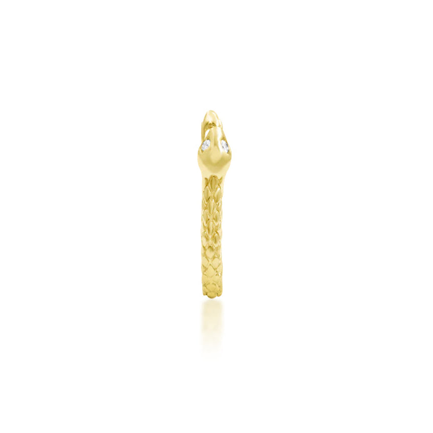 Front view of Junipurr Jewellery Ophis 14k yellow gold clicker ring featuring two 0.8mm white cubic zirconia stones