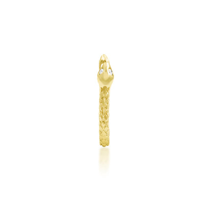 Front view of Junipurr Jewellery Ophis 14k yellow gold clicker ring featuring two 0.8mm white cubic zirconia stones