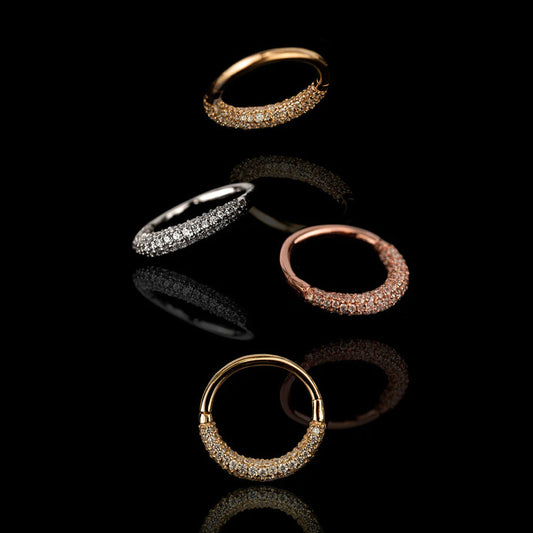 Front view of Junipurr Jewellery Opulence threadless decorative end in 14k yellow gold with Swarovski cubic zirconia