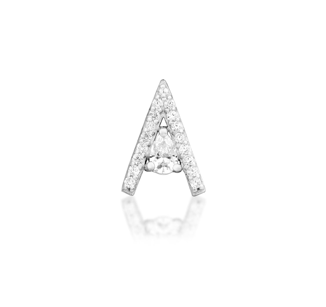 Front view of Junipurr Jewellery Pointessa threadless decorative end in 14k white gold with cascading cubic zirconia cluster