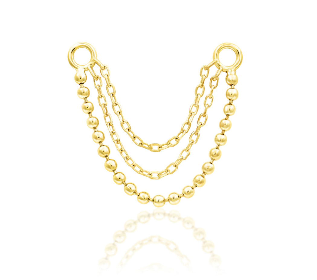Front view of the Junipurr Jewellery Quinn 14k yellow gold multi chain charm featuring three cascading gold chains.