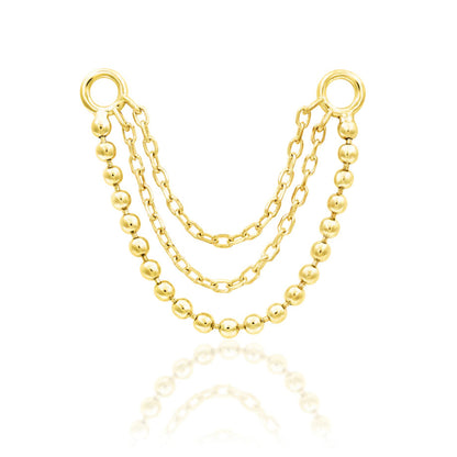 Front view of the Junipurr Jewellery Quinn 14k yellow gold multi chain charm featuring three cascading gold chains.