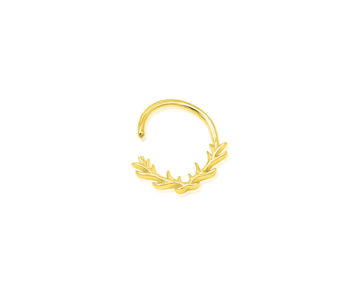 Angled view of the Junipurr Jewellery Raven daith ring in yellow gold, showing its smooth circular profile.
