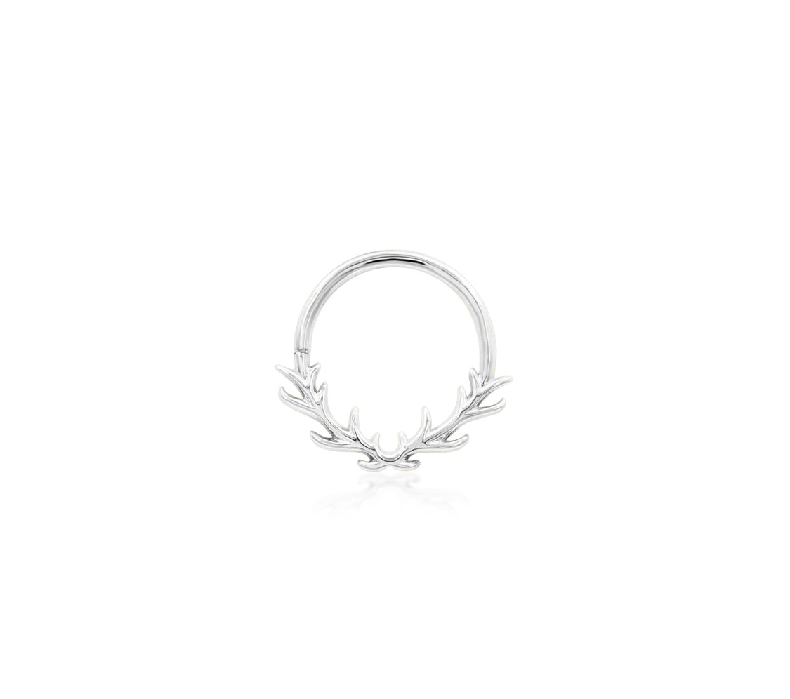 Front view of the Junipurr Jewellery Raven ring in 14k white gold, ideal for clean and modern septum styling.