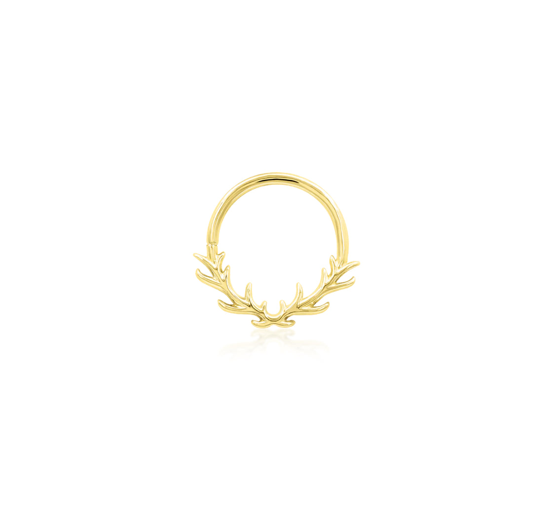 Front view of the Junipurr Jewellery Raven plain 14k yellow gold ring, designed for daith and septum piercings.