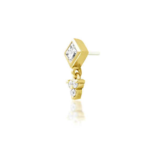 Full side profile of the Junipurr Jewellery Reflection threadless diamond end in 14k yellow gold suitable for cartilage piercings.