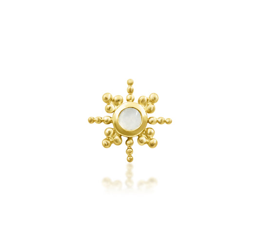 Front view of Junipurr Jewellery Ruth threadless end in 14k yellow gold featuring moonstone gemstone suitable for lobe helix and conch piercings