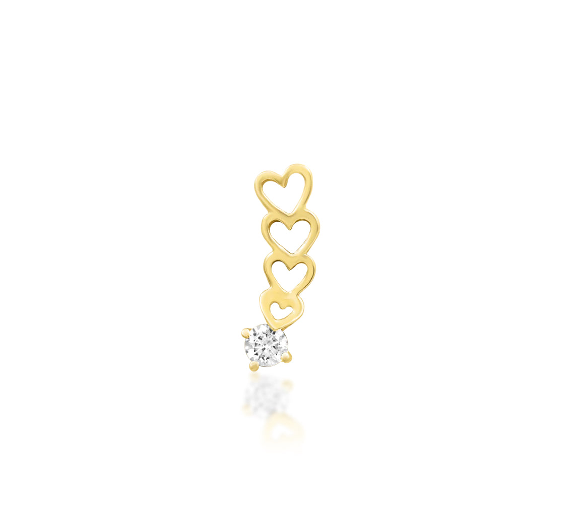 Front view of the Junipurr Jewellery Sending Love threadless end in 14k yellow gold, showcasing its symbolic and heartfelt design.