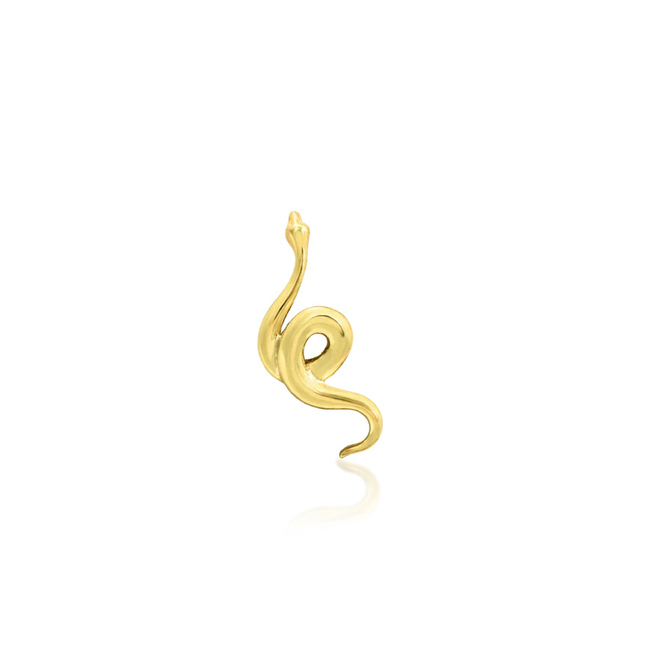 Off-front angled view of the Junipurr Jewellery Snake in yellow gold, highlighting its flowing form and polished surface.