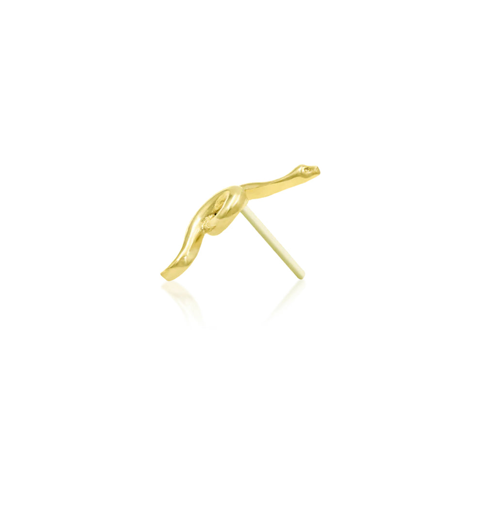 Side profile of the Junipurr Jewellery Snake threadless end in 14k yellow gold, designed for comfortable helix and flat wear.
