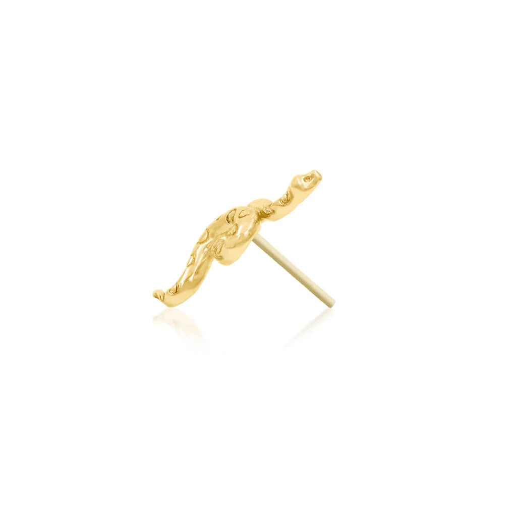 Off-front angled view of the Junipurr Jewellery Textured Snake in yellow gold, highlighting textured detailing and curved form.