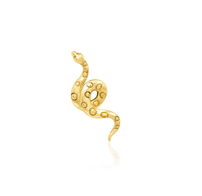 Front view of the Junipurr Jewellery Textured Snake threadless end in 14k yellow gold, featuring a detailed serpent design.
