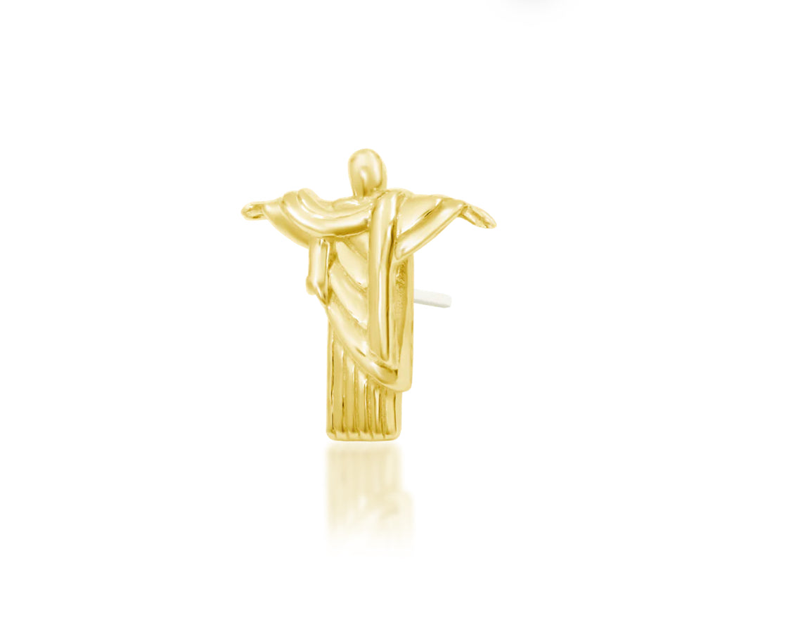 Off-front angled view of the Junipurr Jewellery The Redeemer in yellow gold, highlighting dimensional depth and refined structure.

