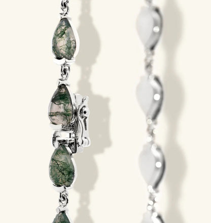 Close detail of moss agate gemstones in Junipurr Jewellery Vardis bracelet