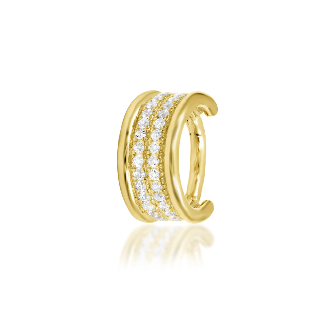 Front view of Junipurr Jewellery Vivienne clicker in 14k yellow gold with white cubic zirconia