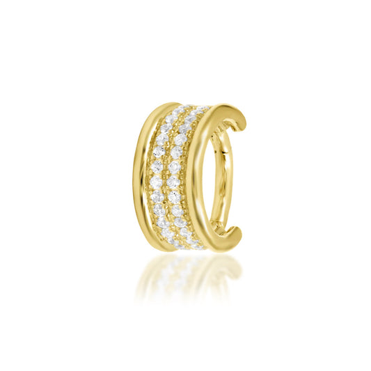 Front view of Junipurr Jewellery Vivienne clicker in 14k yellow gold with white cubic zirconia