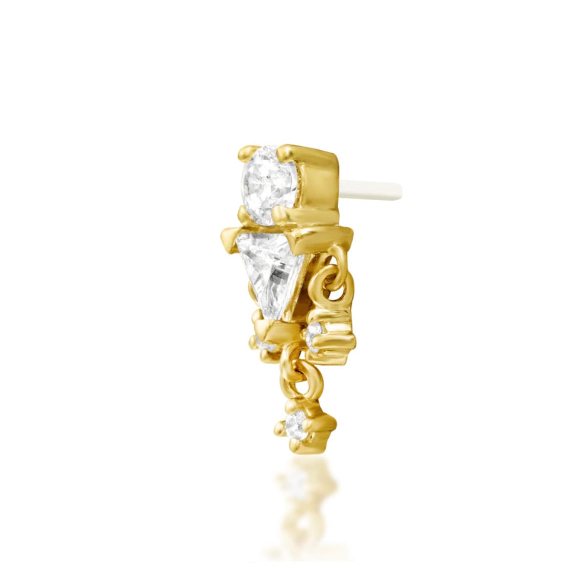 Junipurr Judy 14k yellow gold white cubic zirconia threadless end angled view with elegant sparkle for curated ear styling